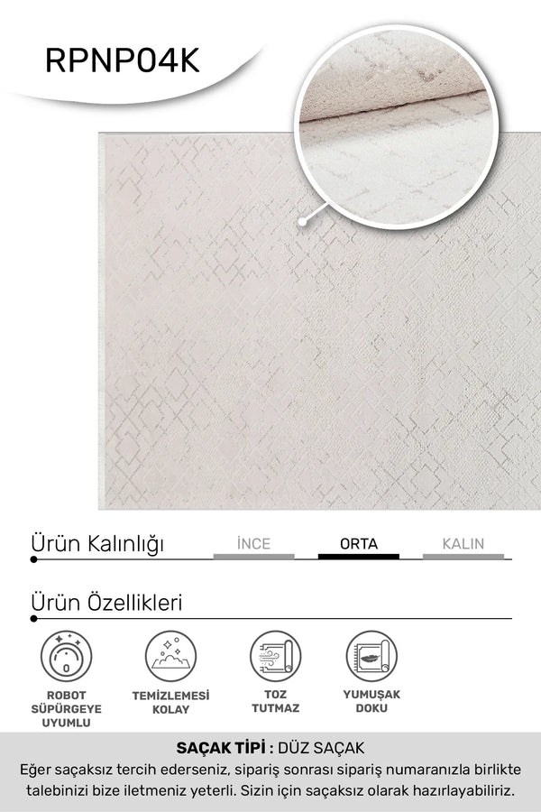 BONAPARTE-Beyaz- Özel Ölçü-Salon , Oturma Odası ve Koridor Halısı-Robot Süpürge Uyumlu-Kolay Temizlenebilir-Uygun Fiyat