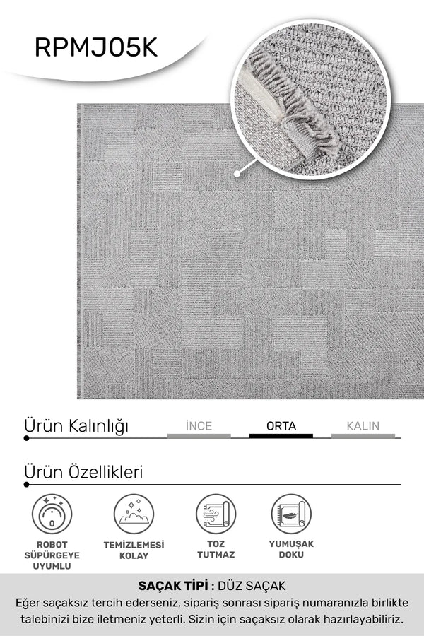 MARGİN-Gri- Özel Ölçü- Oturma Odası, Koridor, Yatak Odası Halısı- Robot Süpürgeye Uyumlu-Kolay Temizlenebilir- Uygun Fiyat