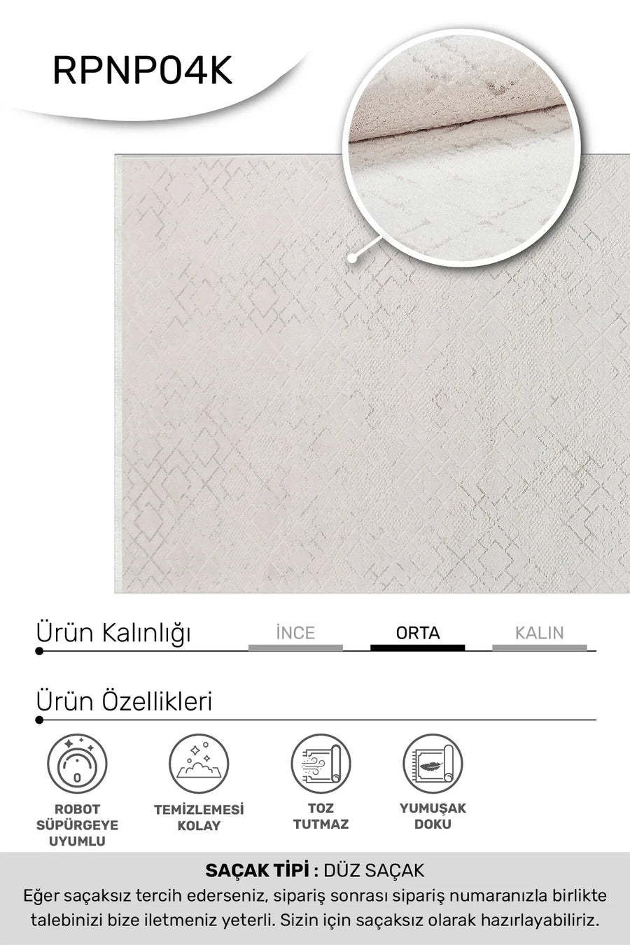 BONAPARTE-Beyaz- Özel Ölçü-Salon , Oturma Odası ve Koridor Halısı-Robot Süpürge Uyumlu-Kolay Temizlenebilir-Uygun Fiyat