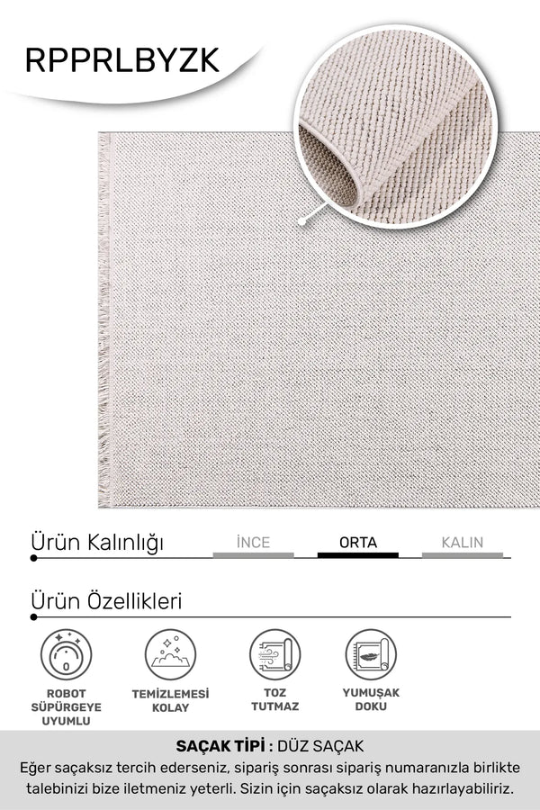PARLA-Beyaz- Özel Ölçü- Oturma Odası, Koridor, Yatak Odası Halısı- Robot Süpürgeye Uyumlu-Kolay Temizlenebilir- Uygun Fiyat