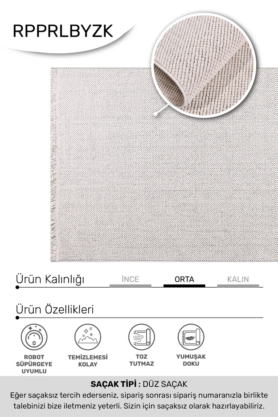 PARLA-Beyaz- Özel Ölçü- Oturma Odası, Koridor, Yatak Odası Halısı- Robot Süpürgeye Uyumlu-Kolay Temizlenebilir- Uygun Fiyat